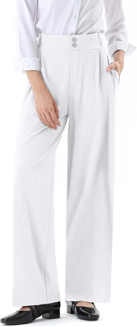 Womens Wide Straight Leg Work Pants Casual Slacks Business Office Trousers Button Dress Pants