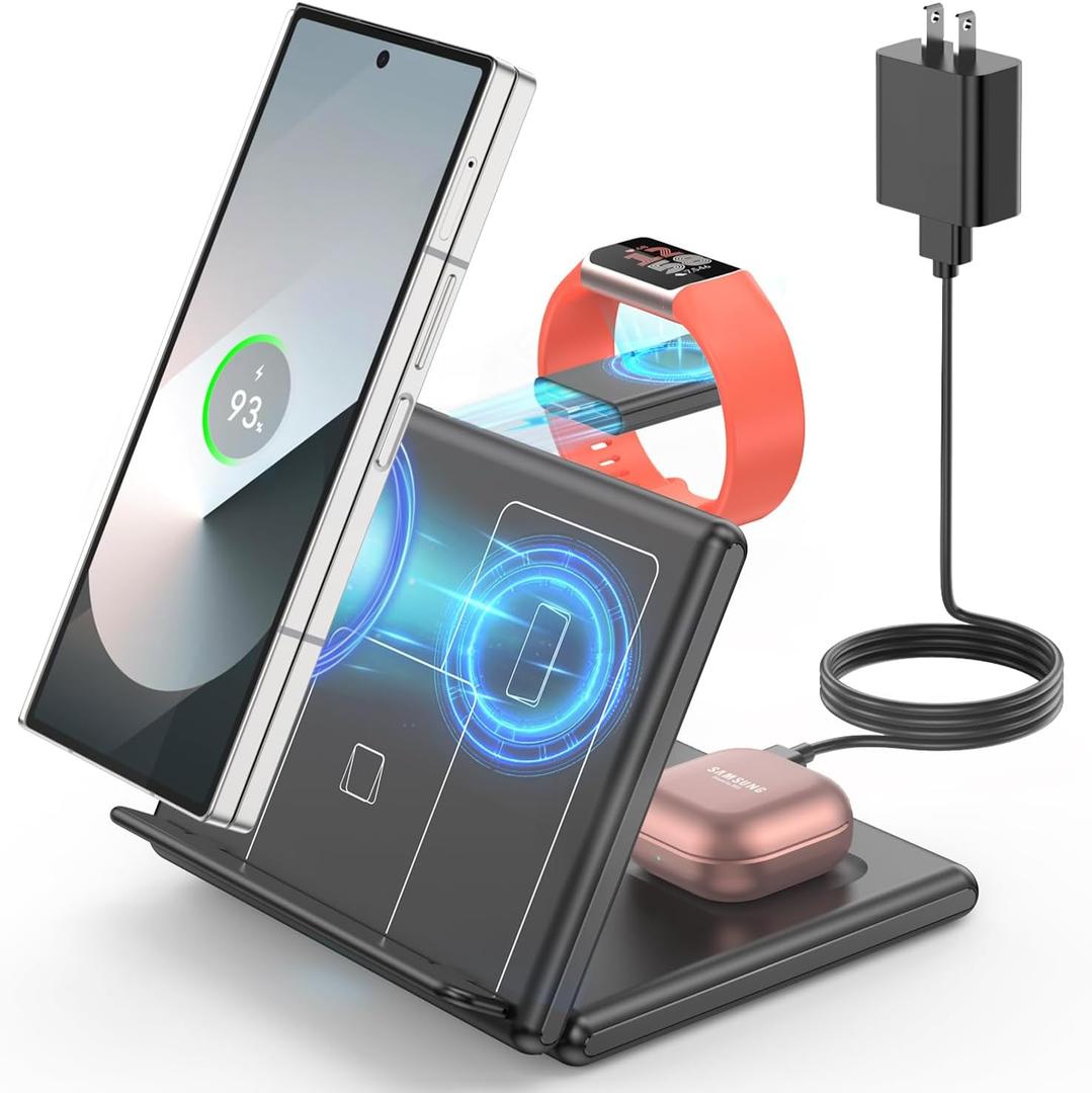 Wireless Charger for Samsung&Android: JoyGeek 3 in 1 Charging Station for Fitbit Watch Charge 6/Charge 5/Luxe - Phone Charger Stand for S25 S24 S23 S22 Plus Ultra, Z Fold/Flip/Note, Buds 2 Pro/2/Pro