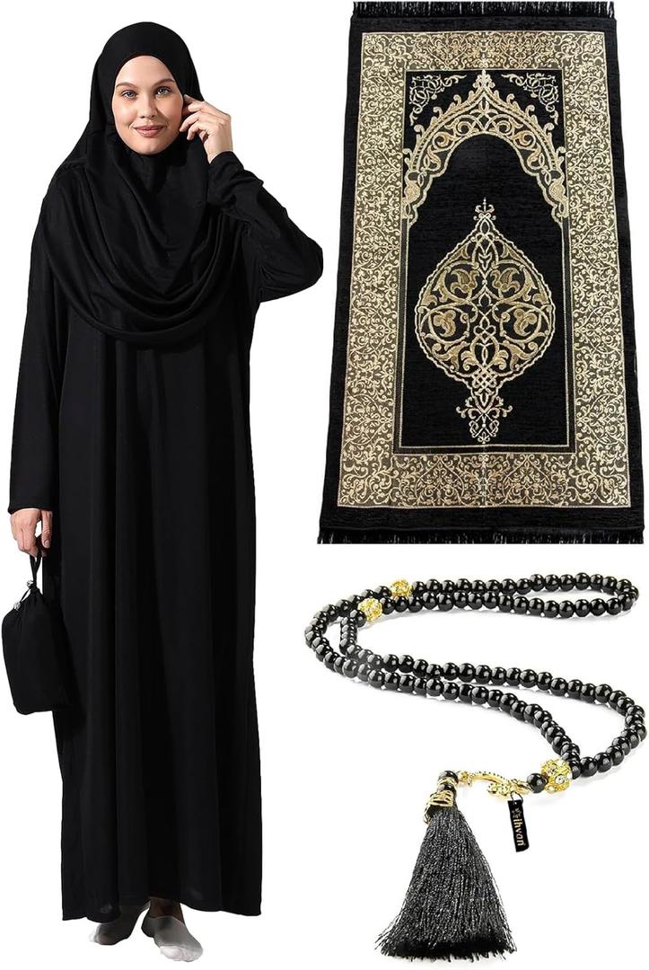 ihvan online Muslim Dresses for Women, One-Piece Prayer Dress & Prayer Rug & Beads, Islamic Gift Set for Eid Ramadan (XS-XXL, Black)