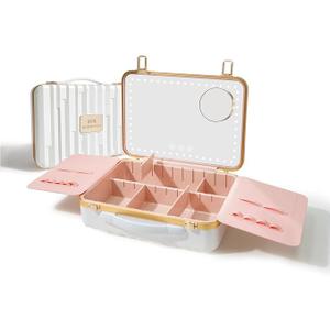 ROWNYEON Portable Travel Makeup Case With Light Up Mirror & Removable Divider - Train Case Organizer for Girls & Makeup Artist, Hairstylist - 10x Mirror (White)
