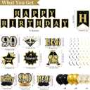 90th Birthday Decorations for Men, Black Gold Back in 1936 Party Supplies Kit with Banner, Backdrop, Sash, Balloons, Cake Topper & Honeycomb Centerpieces, Happy 90 Year Old Birthday Decorations