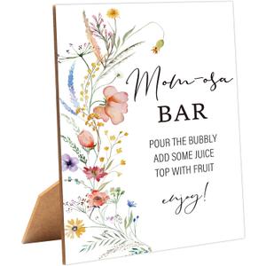 Boho Wildflower Mom-osa Bar Sign for Baby Shower, 1 Pack Wooden Sign with Stand Tabletop Decor, Baby Shower Drinks Table Sign, Boho Baby Shower Decoration, Gender Neutral Party Supplies - LE01