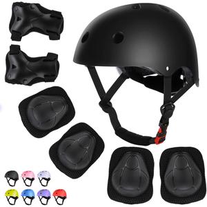 WayEee Kids Bike Helmet Set Skateboard Knee Pads, Helmet Pad Set Protective Gear Set Adjustable for Girls Kids Helmet Elbow Pads Wrist Guards for Sport Cycling Bike Roller Skating Scooter (Black), Size: M (7-14years)