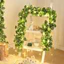 2Pcs Eucalyptus Garland with Lights, Greenery Garland, Green Garland with Flowers, 5.9FT Artificial Faux Eucalyptus Leaves Vines for Table Mantle Home Wedding Party Indoor Outdoor Decor