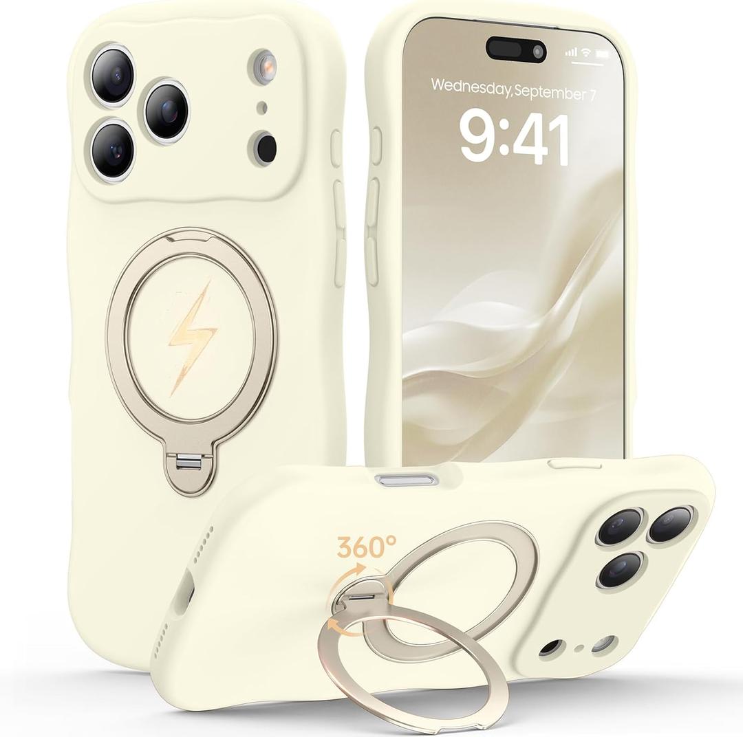 360 Spin Silicone Stand Cover for iPhone 17 Pro Case [Cute Wavy & Full Camera Protection] Fit for MagSafe Shockproof Women Girl Phone Case for iPhone 17 Pro 6.3", Antique White