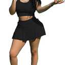 Womens Casual Sports 1 Piece Outfits Skirt Sets Athletic Mini Pleated Tennis Golf Skorts Skirts Activewear (Large, Sm9158-black)
