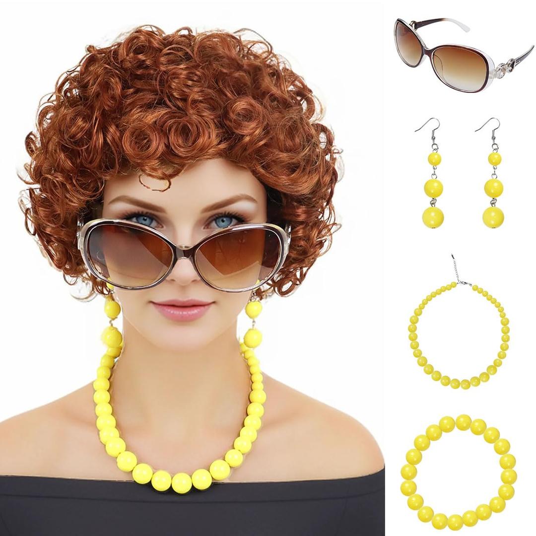 GNIMEGIL Mrs Roper Costume For Women Auburn Curly Wig Set Ice Spice Girls Annie Cosplay Halloween Theme Parties Orange Afro Wig