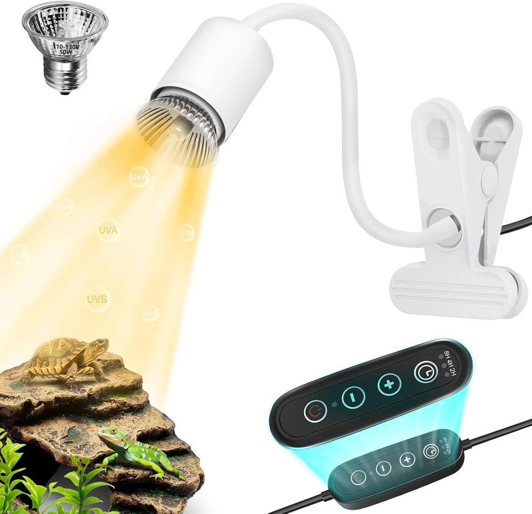 GOZILLA Reptile Heat Lamp,Turtle Light with Timing & Dimming Cycle Timer,Basking Turtle Lamp with 50W UVA/UVB Reptile Light Bulb,Goose-Neck Rotation for Amphibian and Reptiles Tanks,Terrariums.(White)