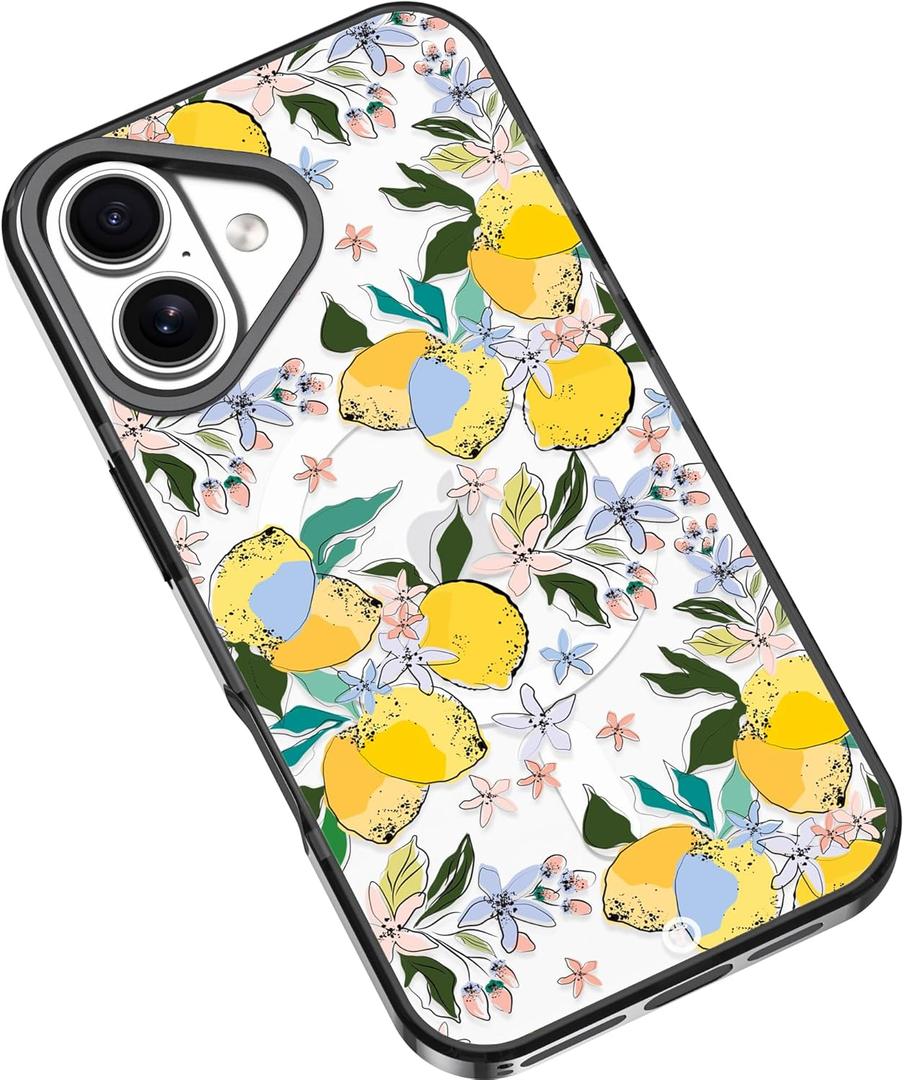 Compatible for iPhone 16 Plus Case with Magsafe,Girly Aesthetic Flower Floral Pattern Clear Shockproof Phone Case Cover for Women Girls (Summer Lemon)
