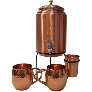 Pure Copper Plain Mate drinkware water dispenser Storage Water Tank, Pot ayurveda health healing Water Tank with Tap and set of 2 Copper hammered mug 1Glass, water container tank with 5 Ltr Capacity