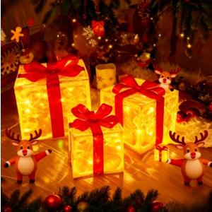 3-Piece Set of red Christmas Glowing Gift Box Decorations, 60-LED Christmas Glowing Gift Box, Battery-Powered Gift Box, Suitable for Christmas Tree, Yard, Family Porch, Holiday Lawn Decoration