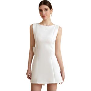 Women's Backless Bow Dress Sleeveless Crew Neck Elegant Party Mini Dresses (L)