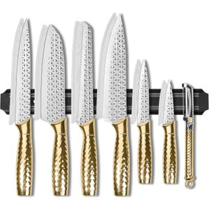 Kitchen Knife Set 14 Pcs with Magnet Holder, Strong Magnetic Knife Strip for Wall, Knives Block Set with Sheath, Chef Knives and Santoku Knives, Stainless Steel Blade, Dishwasher Safe -Gold