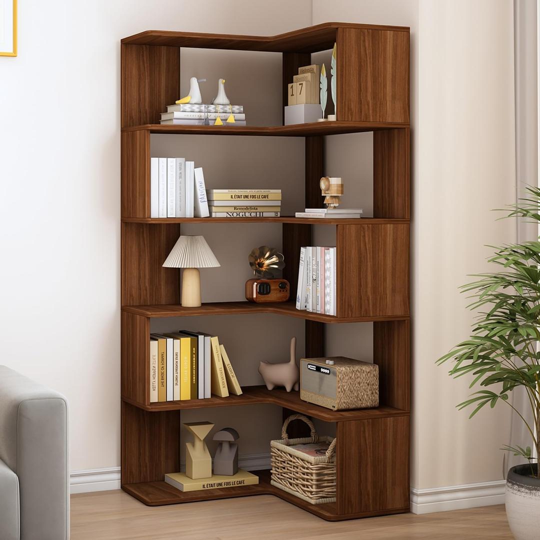 IOTXY 6-Tier L-Shaped Corner Bookshelf - 66" Tall Wooden Freestanding Bookcase with Open Shelf Units, Walnut