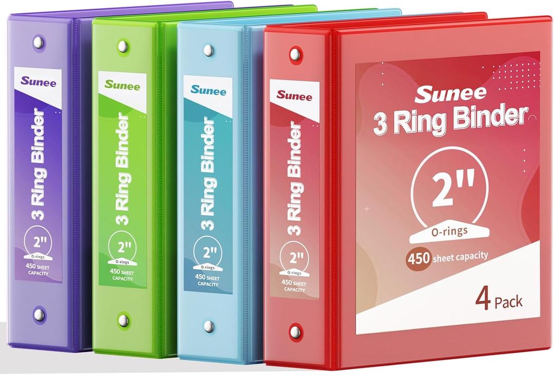 SUNEE Binders 2 Inch 3 Ring 4 Pack, 2" Classic 4-Color Binder Set (8.5x11 Inches) for Office, School or Home Supplies