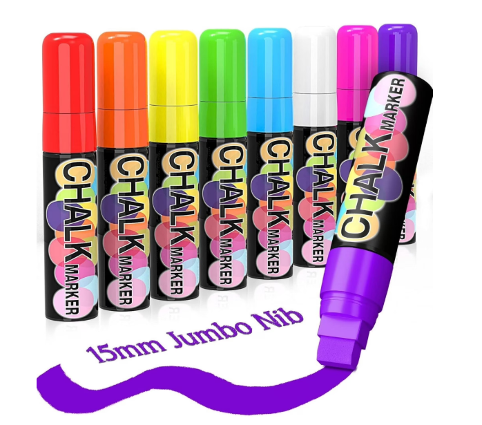 8 Pack 15mm Jumbo Liquid Chalk Marker,Window Paint Markers,Neon Glass Markers Pen, Wet Erase for Cars, Auto, White Board, Chalkboard, Black board, Tire, Mirrors, Bistro