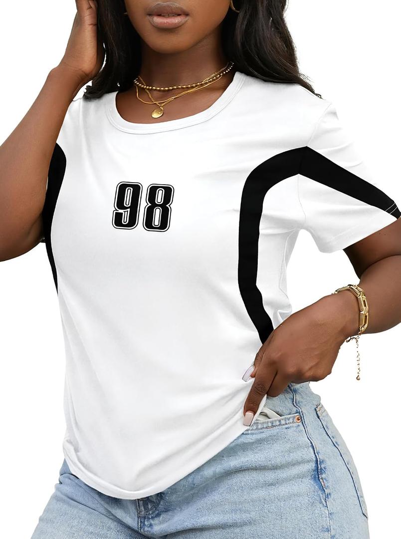 Hilinker Women's Funny Graphic Tees Summer Cute Tops Casual Loose Short Sleeve T Shirts White Black 98 Medium (M)