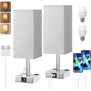 Touch Bedside Table Lamp Set of 2-3-Way Dimmable Night Lamp with USB A + Type C Charging Ports and Two AC Outlets, Small Desk Light with E26 LED Bulb for Bedroom Living Room Dorm Office (14.0in)