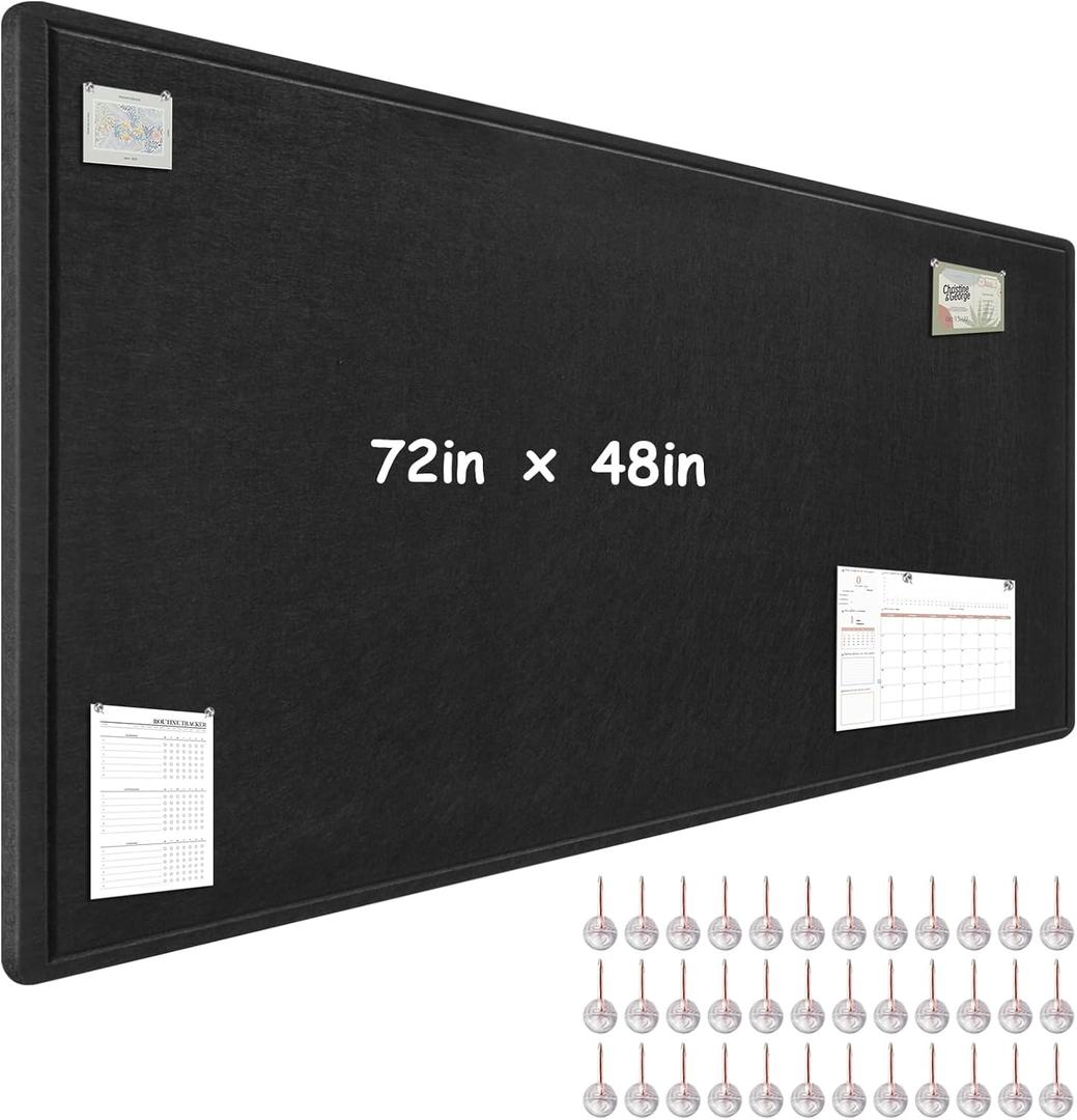 Large Bulletin Board - 72 x 48 Inches, Foldable Decorative Felt Board for Wall Photo Display Board with Self-Adhesive Tape, Includes 36 Push Pins - Black