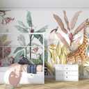 Tropical Banana Leaves and Safari Animals Wallpaper Mural for Kids Bedroom Background Wall (Not Peel and Stick) (Large 160"Wx112"H, M29)