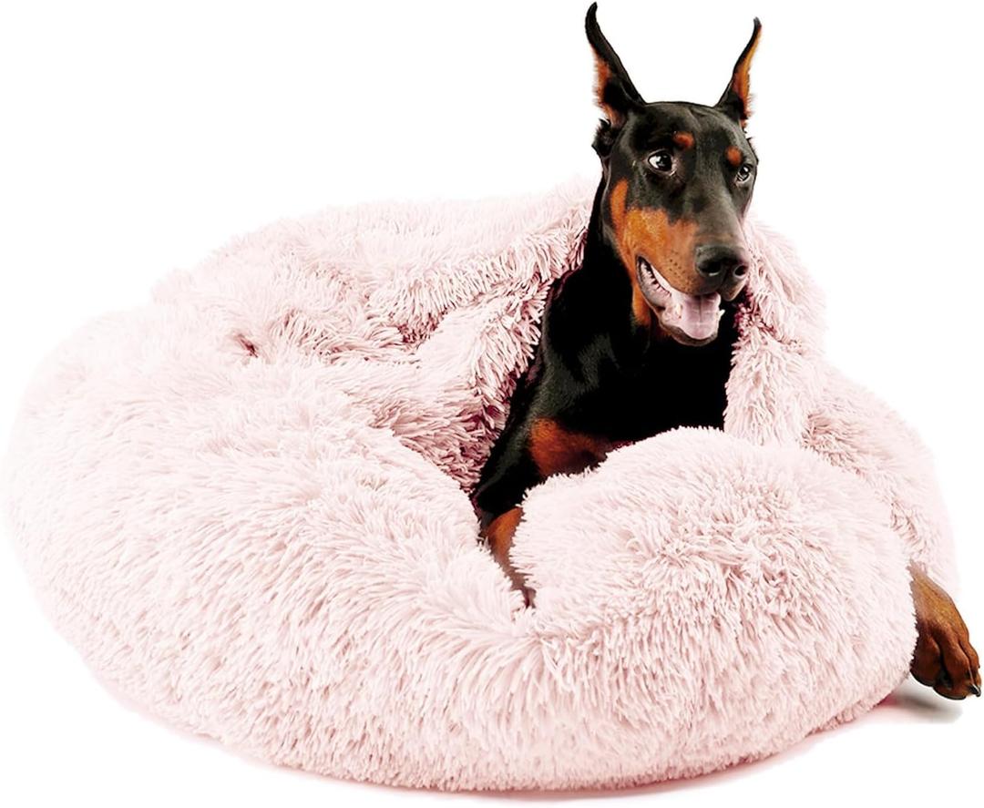 Himax Dog Beds for Large Dogs, Comfort Dogs Beds with Blanket Attached, Calming Anti-Anxiety Fluffy Dog Bed Washable (20"/26"/35") Pink (35.0"L x 35.0"W x 10.0"Th, Pink)