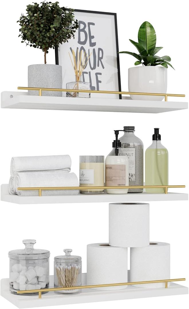 WOPITUES Floating Shelves with Gold Metal Guardrail, Shelves for Wall Decor Set of 3, Wall Shelves for Bedroom, Bathroom, Kitchen, Living Room, Plants, Picture Frames, Art White and Gold