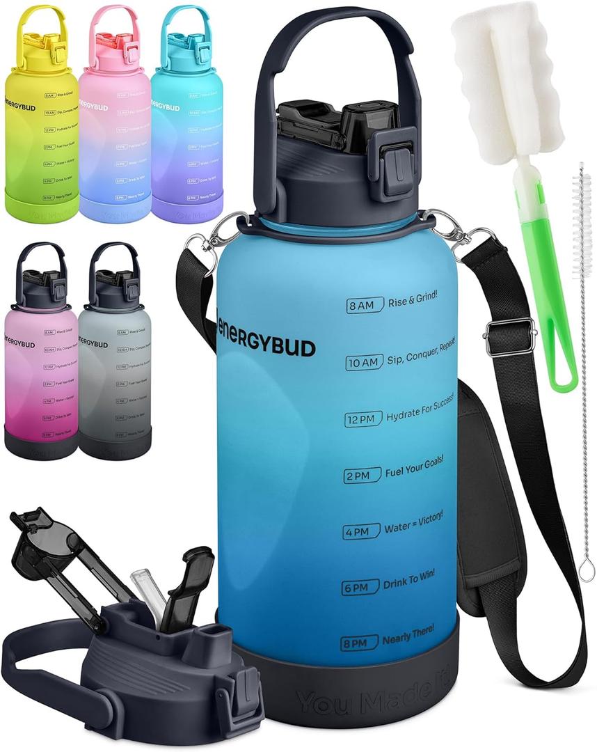 1 Gallon Water Bottle with 128 oz Capacity - Motivational Time Markers for Daily Hydration Goals - Leakproof BPA Free Tritan with Removable Straw (Blue & Black)