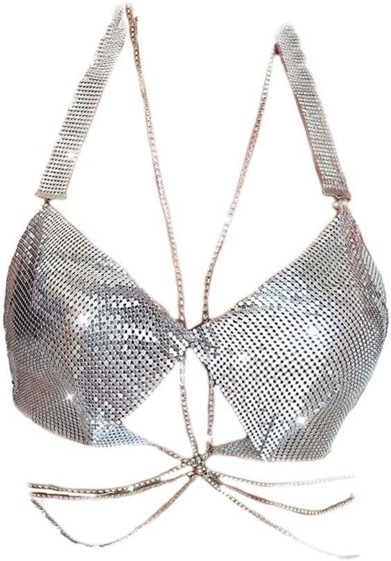 Rhinestones Bar Top Body Chains Crystal Bra Chain Silver Sparkly Crop Top Chains Sexy Beach Nightclub Jewelry for Women