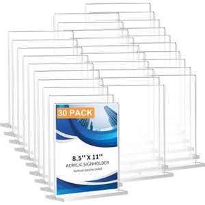 30 Pack Acrylic Sign Holder 8.5 x 11, Double-Sided Clear Sign Holder Plastic Stands for Display, T Shape Acrylic Table Sign Stands for Office Store Restaurants Wedding Party Decoration