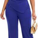 Ekaliy Women Two Piece Outfits Short Sleeve Crop Top and Long Pants Set | Puff Sleeve,Irregular Hem,Ruched Crop Top,Dressy 2 Piece Sets,Business Casual Outfits,Semi Formal Outfits (Blue, XXL)
