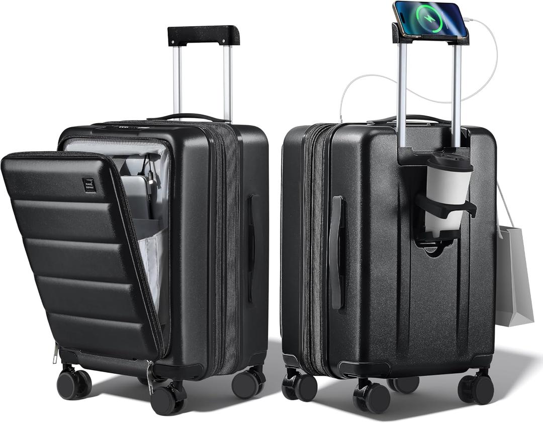 Expandable 20Inch Carry On Luggage Airline Approved - Front Pocket Hardside Travel Suitcase Unbreakable -with Cup Holder,USB Charge,Side Pothook, 360Spinner Wheels, TSA Lock, Black