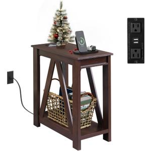 WLIVE Narrow End Table with Charging Station of Open Storage ShelfSofa Side Table with 2 USB Ports and 2 Power OutletsSlim Farmhouse End Table for Small Spaces, 11.8" D x 23.6" W x 23.74" H (Espresso)