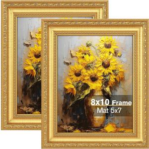 Splinterix 8x10 Gold Picture Frame Set of 2, Ornate Vintage 8 x 10 Photo Frame for Wall Decor or Tabletop Display, 8x10 Gold Frames with Real Glass, Display 5x7 Pictures with Mat or 8x 10 without Mat for Antique Dco