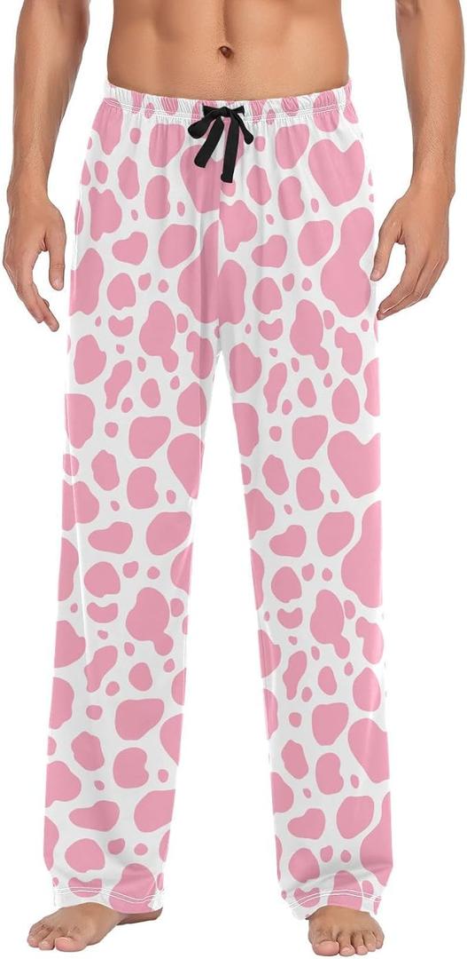 Men's Pajama Pants Soft Comfy Sleep Lounge Pants Pink Cow Pjs Bottoms with Pockets, Size M