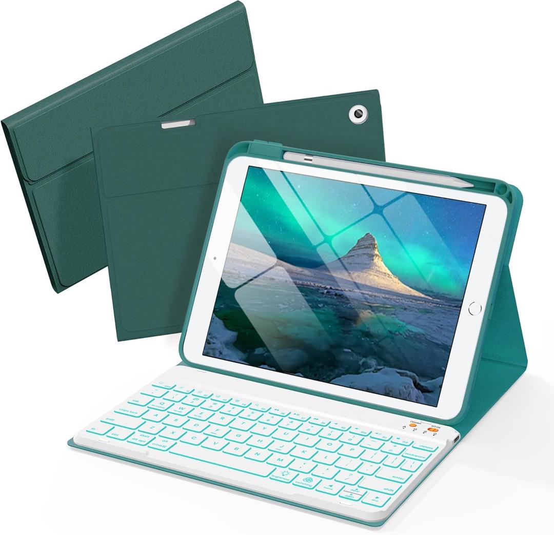 Folio Keyboard Case for iPad 9.7 inch 6th 2018, 5th 2017, Air 2 2014 Released, Magnetic Wireless Detachable Keyboard, 7-Color Backlight, Thin & Light, Pencil Holder (Cyan)