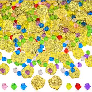 200Pcs Pirate Treasure Set, 100Pcs Plastic Pirate Gold Coins and 100Pcs Pirate Jewelry for Adventure Themed Party Decorations,Colorful Fake Gemstones for kids Treasure Hunt