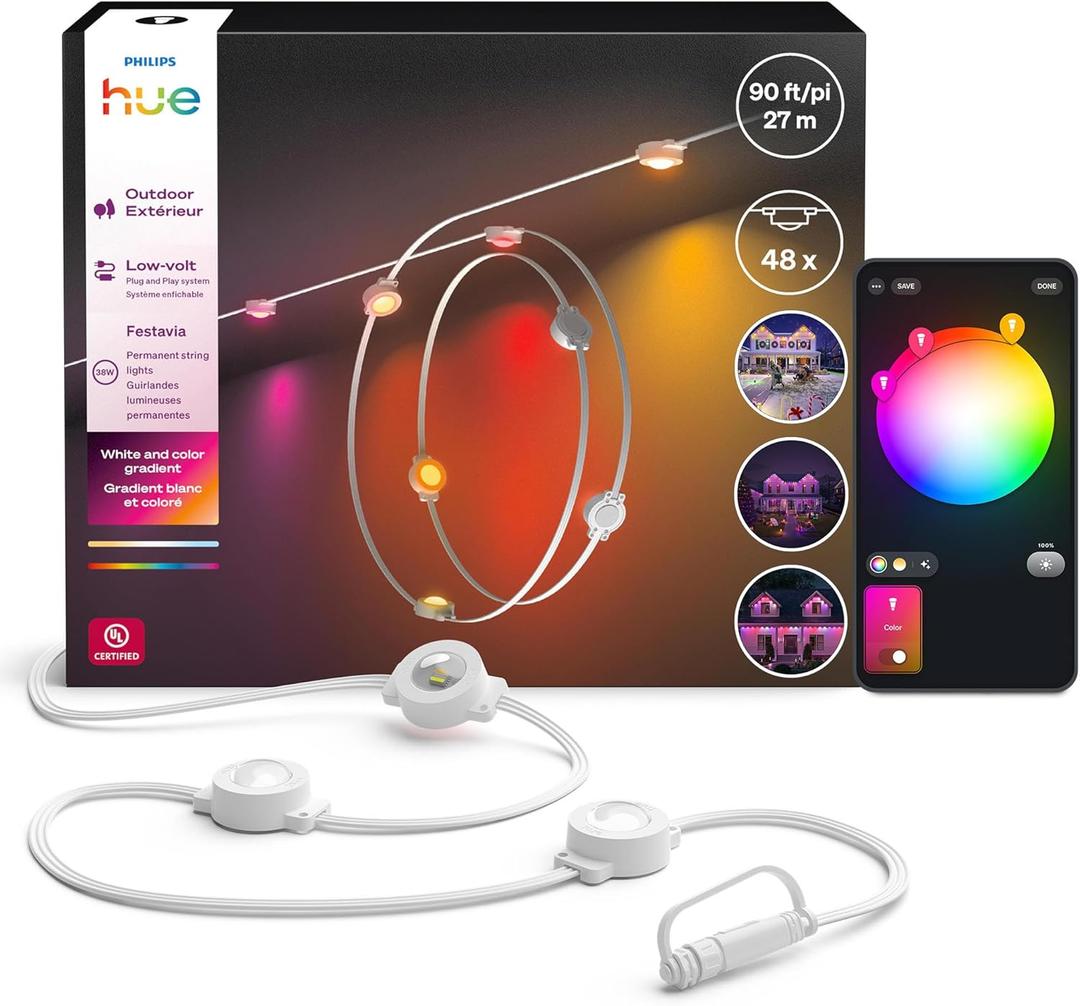 Philips Hue Festavia 90ft Permanent Outdoor String Lights, 48 Dimmable Lights, 55 Lumens Each, Weatherproof, Water-Resistant, White Wire, Color Ambience, Bridge Required