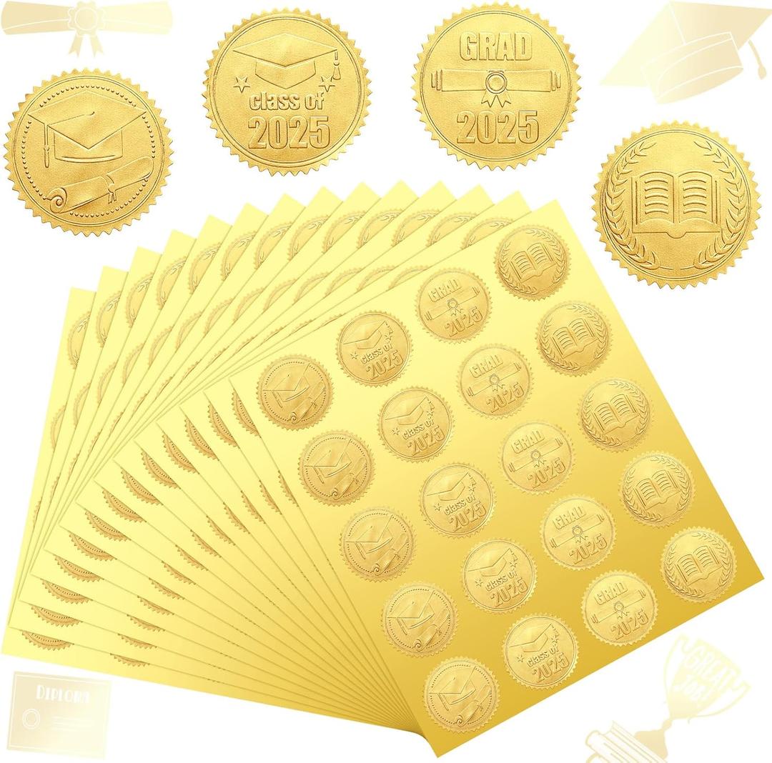 2 x Spakon 500 Pcs Graduation Stickers 2025 Gold Foil Class of 2025 Grad Cap Certificate Envelope Seals Graduation Hat Stickers Labels for Senior College Grad Party Favor