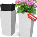 Mueller M-Resin Heavy Duty Tall Planters for Outdoor Plants, Indoor Grande Plant Pots, Boxes, Trees, Flower Pots, 2-Piece Set, 24”, Modern Design, Built-in Drainage, Front Porch Decor, White
