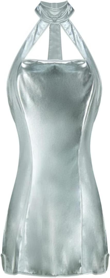 Poboola Silver Metallic Dress Women Fembot Costumes Vanessa Kensington Cosplay Costume Halloween Fancy Dress (Medium, Silver Dress)