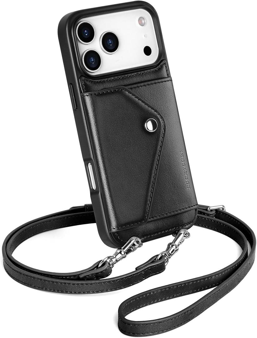 LUCKYCOIN Crossbody Wallet Phone Case for iPhone 17 Pro Max, Genuine Phone Case with Expandable Wallet Card Holder & Adjustable Removable Crossbody Strap, Phone Purse with Card Slot - Retro Black