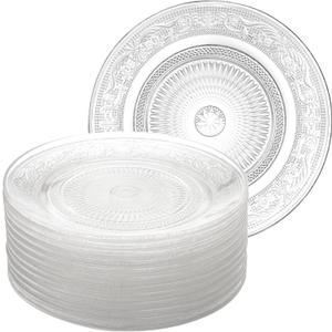 Frcctre 12 Pack Glass Salad Plates, 7 Inches Small Glass Dessert Plates Fruit Plate Appetizer Snack Plate Glasses Dinnerware Set with Beautiful Carved Pattern, Clear