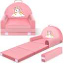Unicorn Kids Sofa Bed with Removable Washable Cover & Hook and Loop Backrest Foldable Toddler Chair, Cozy Crystal Velvet Furniture for Playtime, Naps & Travel (Pink, Unicorn Design)