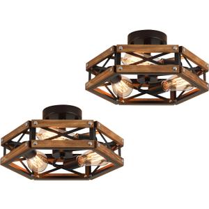 2 Pack 3-Light Rustic Farmhouse Wood Flush Mount Ceiling Light Fixture Oak Wood and Metal Cage Semi Flush Mount Ceiling Light for Hallway Hall Entry Bedroom Kitchen Farmhouse, Black