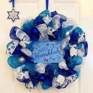 15 Inch Hanukkah Wreath for Front Door, Blue and White Mesh Chanukah Wreath with Happy Hanukkah Sign, Handmade Winter Holiday Door Decoration for Home Indoor Outdoor Party Decor