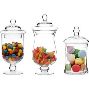 MyGift Clear Glass Apothecary Jars with Lid, Decorative Footed Vase, Candy Buffet Containers, Set of 3