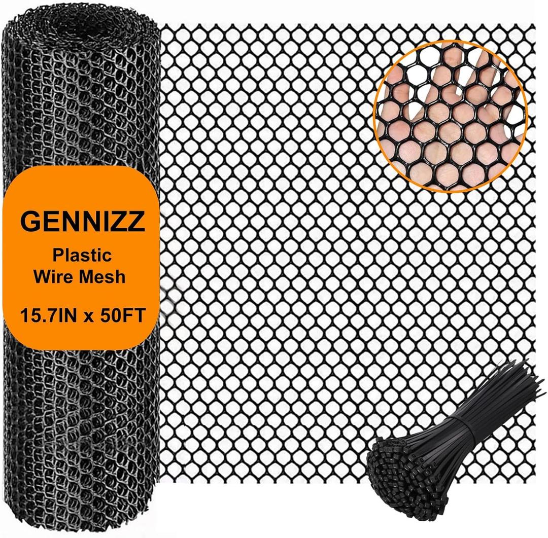 Plastic Wire Mesh Fence Roll, GENNIZZ 15.7IN x 50FT Plastic Chicken Wire Mesh, Balcony Garden Floral Netting Fencing Barrier for Cat Dog(0.4m x 15m) (Black)