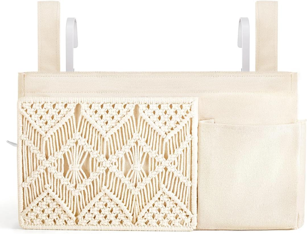 Mkono Bedside Caddy Hanging Organizer, Boho Macrame Storage with Fixed Straps and Hooks, 4 Pockets Holder Remote Magazine Accessories for Home Loft Bunk Bed, Dorm, Hospital Beds