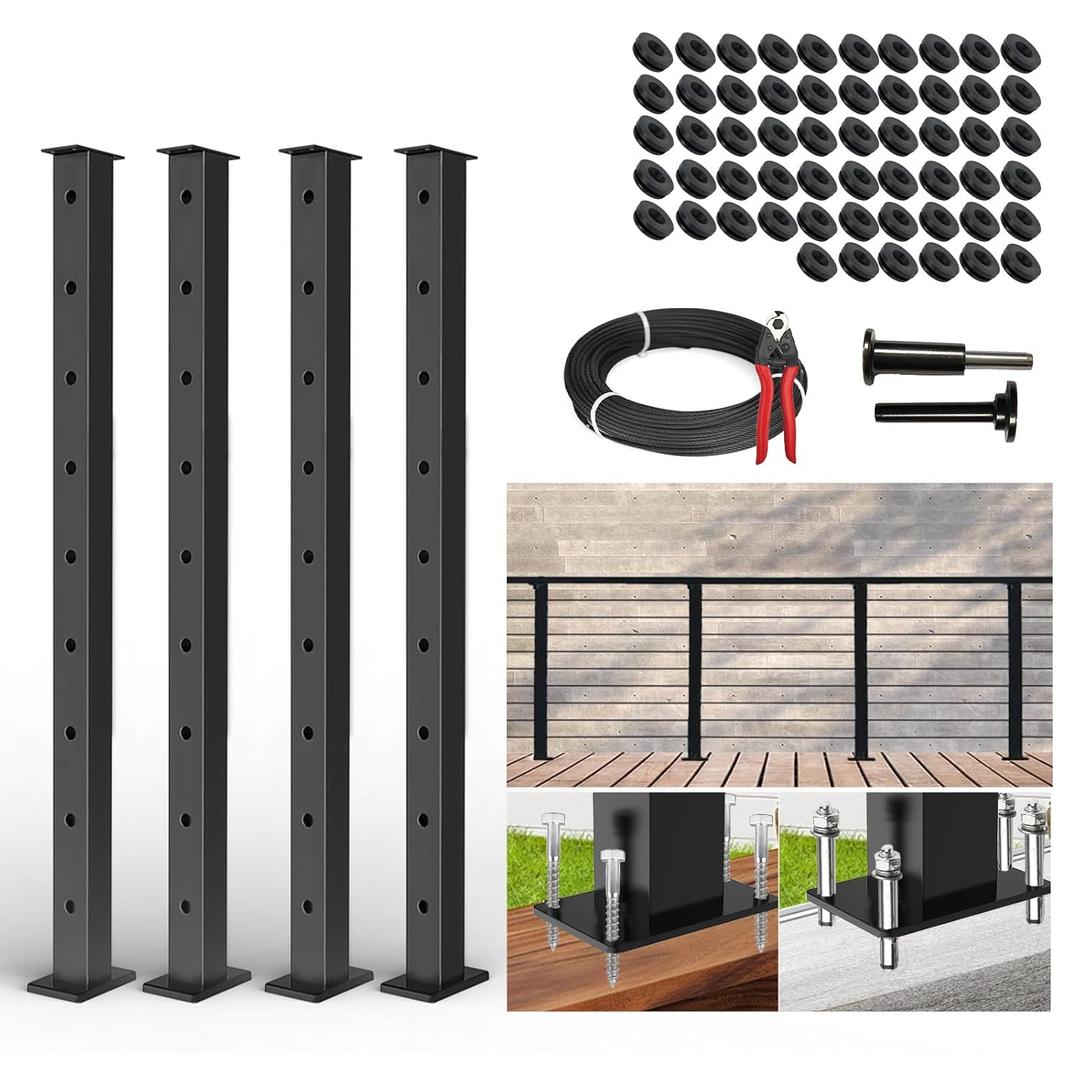 36 Cable Railing Post Kits, 4pack 9-Hole Flat Top Level Drilled Post, 150ft T316 Wire Rope, Complete Set Invisible Cable Railing Hardware System DIY Kit (No Handrail), PFSL 02