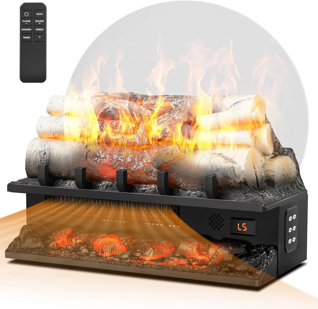 21" Freestanding Electric Fireplace Log Set with Cracking Sound, Fireplace Insert Heater with 8H Timer, 750w/1500w, 5 Flame Brightness & 5 Flicker Speeds, Overheat Protection, Remote Control (Whitish Gray)